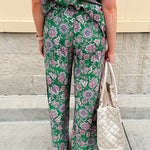 Floral paisley wide-leg pull-on pants in green and pink with contrast side stripe and elastic waist—lightweight and breezy fit