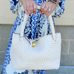 [BC Bags] White Woven Gold Button Handbag
