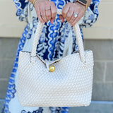 [BC Bags] White Woven Gold Button Handbag