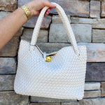 [BC Bags] White Woven Gold Button Handbag