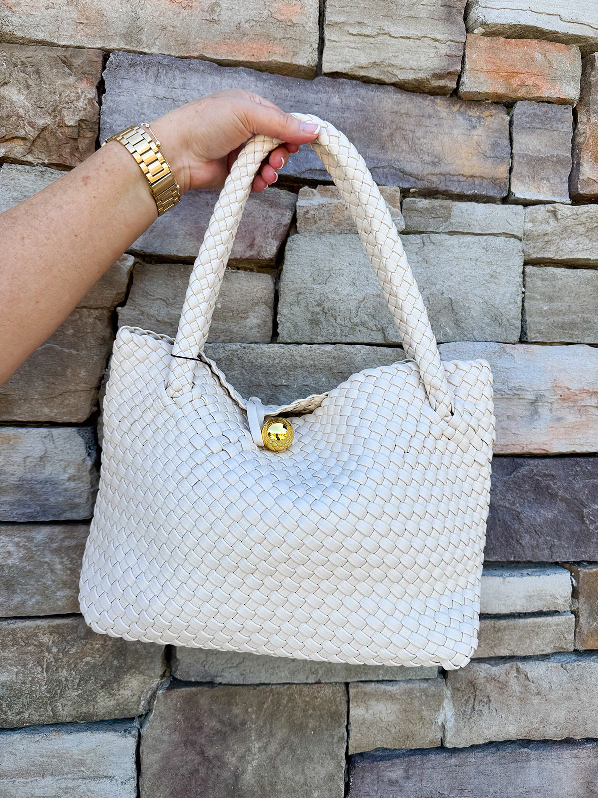 [BC Bags] White Woven Gold Button Handbag