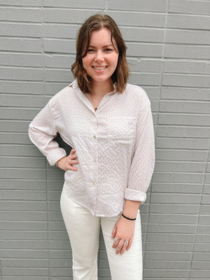 Lattes First Gingham Button Down Top | Front View