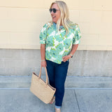 Neutral floral puff sleeve top with v-neck and blue and green print