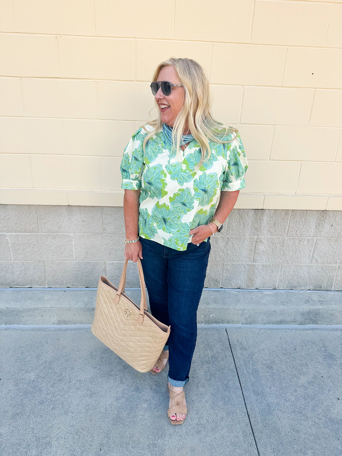 Neutral floral puff sleeve top with v-neck and blue and green print