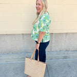 Neutral floral puff sleeve top with v-neck and blue and green print