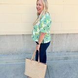 Neutral floral puff sleeve top with v-neck and blue and green print
