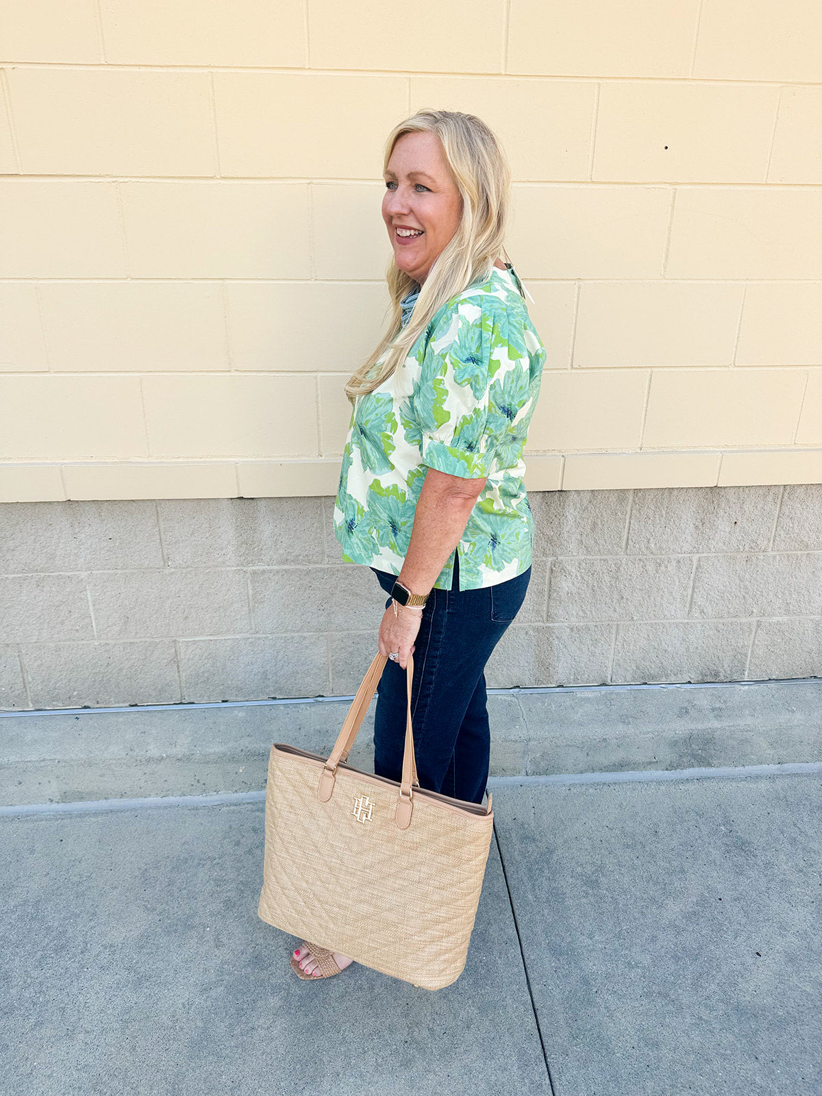 Neutral floral puff sleeve top with v-neck and blue and green print