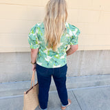 Neutral floral puff sleeve top with v-neck and blue and green print