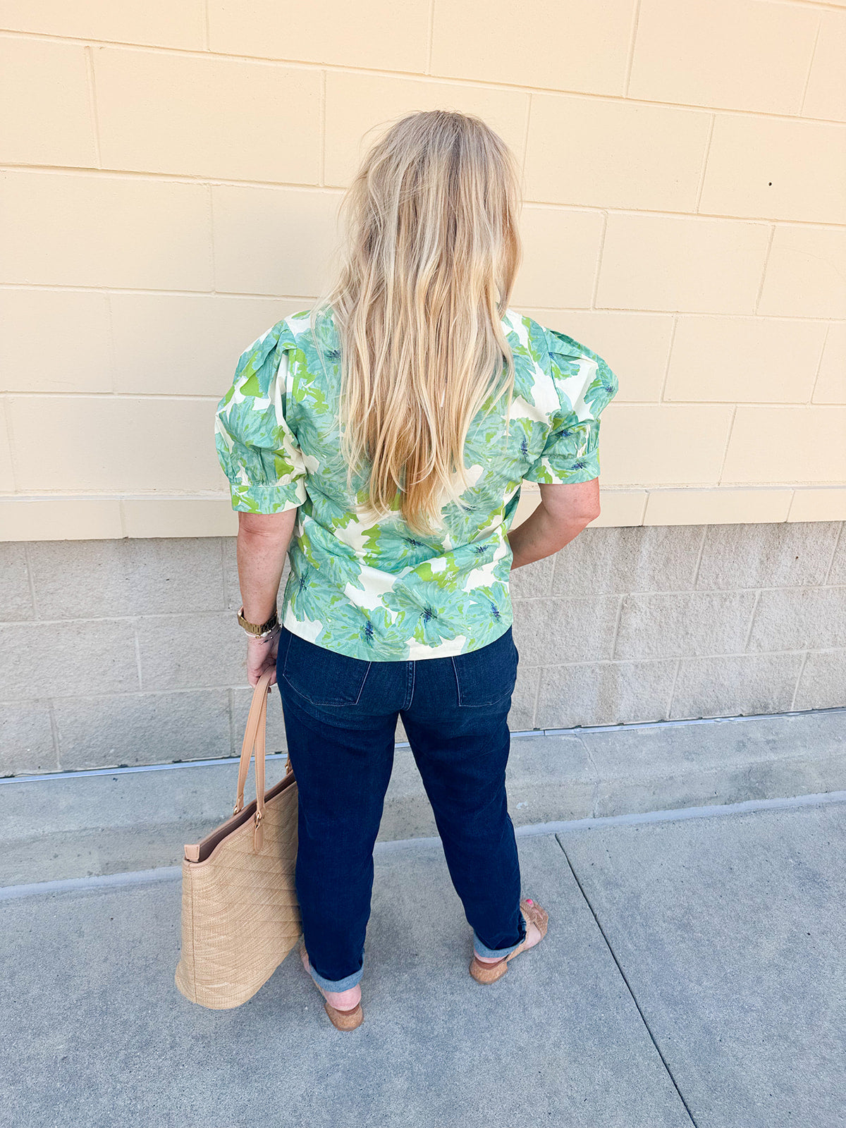 Neutral floral puff sleeve top with v-neck and blue and green print