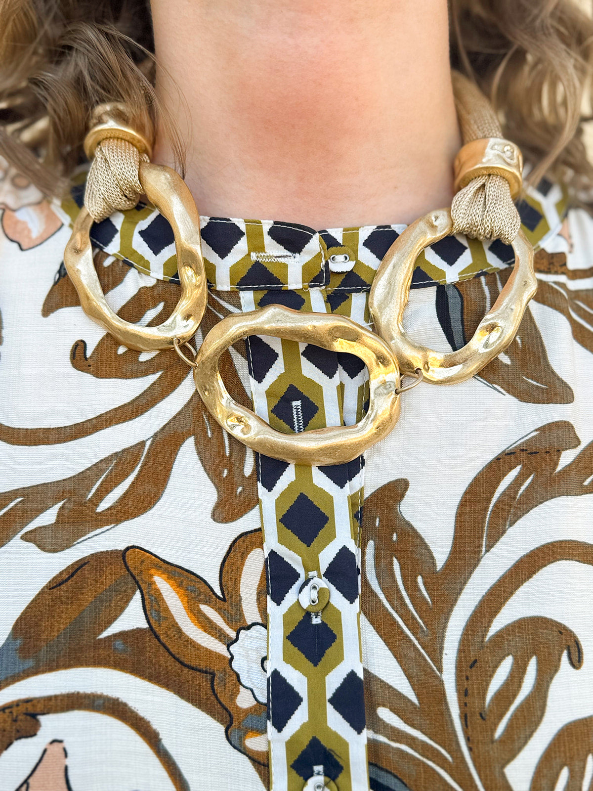 Short hammered metal link necklace with mesh scarf detail and adjustable clasp.