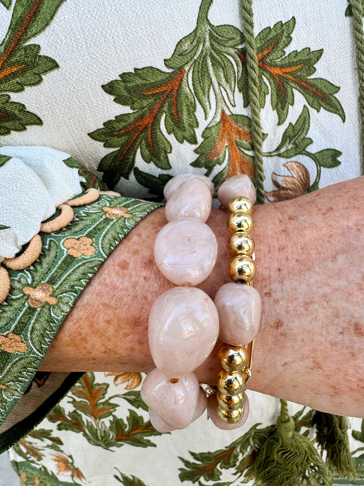 Double Stone Stack bracelet set in beige and gold, stretch design with asymmetrical resin stones and gold beads