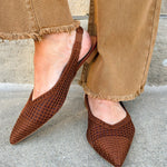 Coffee brown crochet knit slingback flats with pointed toe and leather sole.