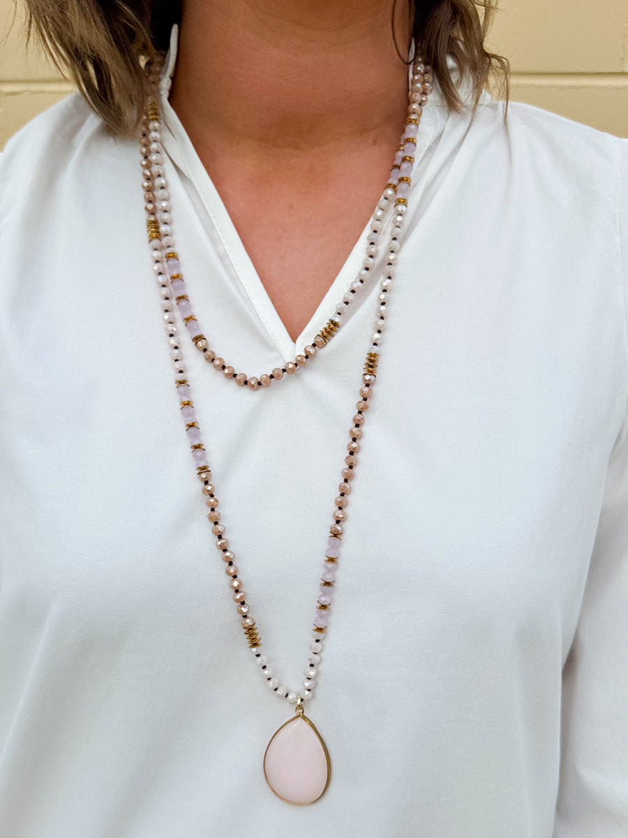 Long Beaded Wrap Necklace with Stone Drop Pendant