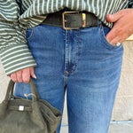 Olive green faux suede belt with polished gold hardware buckle.