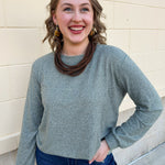 Dark olive long sleeve knit tee with round neck