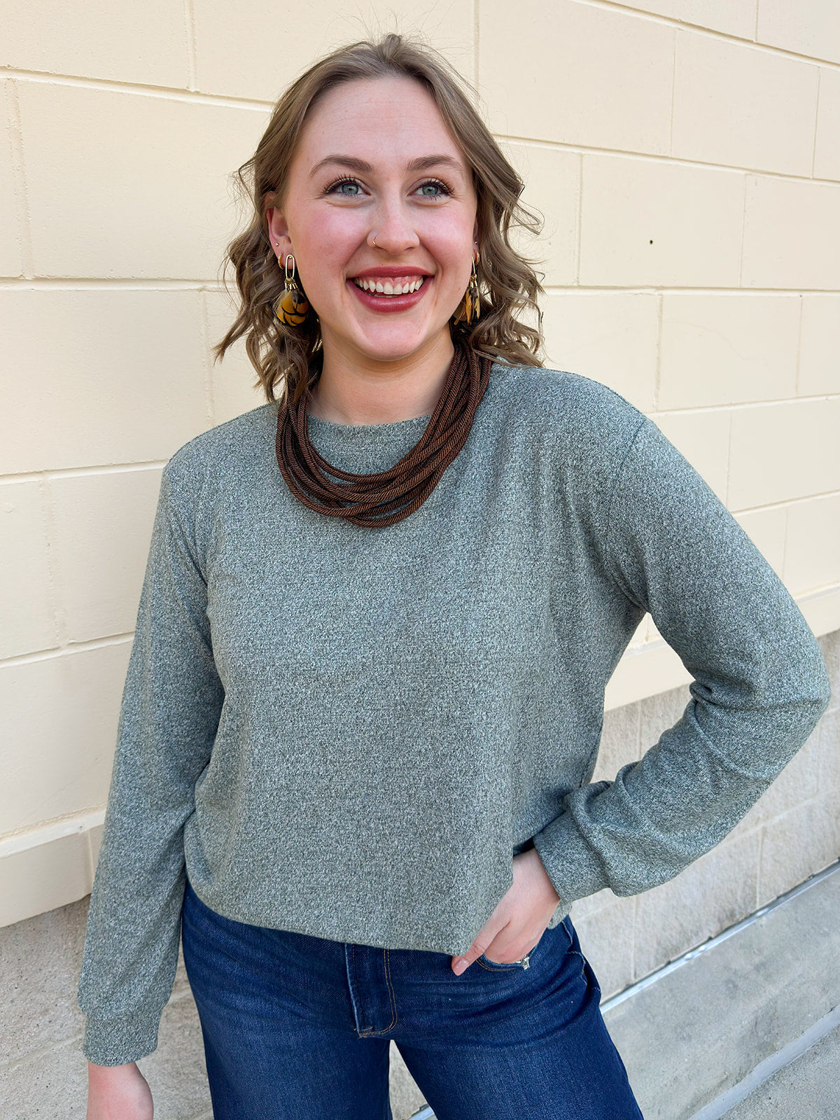 Dark olive long sleeve knit tee with round neck