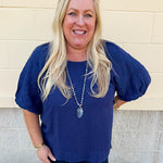 Passing Time Linen Bubble Sleeve Top in Navy
