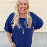 Passing Time Linen Bubble Sleeve Top in Navy