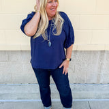 Passing Time Linen Bubble Sleeve Top in Navy