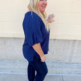 Passing Time Linen Bubble Sleeve Top in Navy