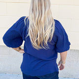 Passing Time Linen Bubble Sleeve Top in Navy
