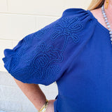 Passing Time Linen Bubble Sleeve Top in Navy