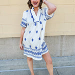 Grecian Getaway Puff Sleeve Mini Dress