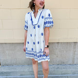 Grecian Getaway Puff Sleeve Mini Dress