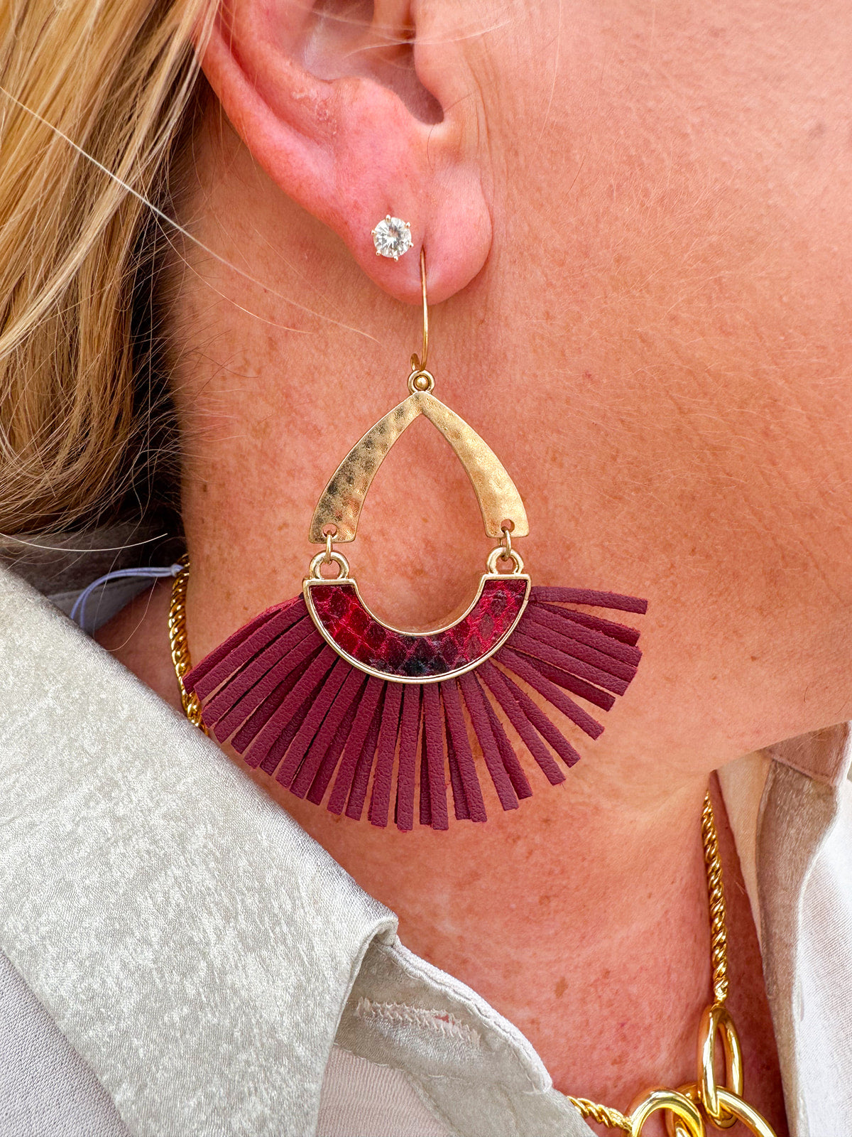  Garnet beaded fringe earrings with faceted stone stud