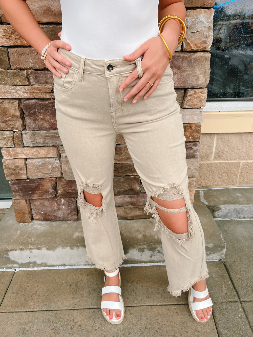 The Jessie High-Rise Knee Distressed Pants-Sand | Front View