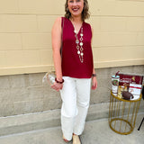 Garnet sleeveless V-neck tank top with pleated neckline detail and a relaxed, lightweight fit—perfect for warm-weather gamedays.