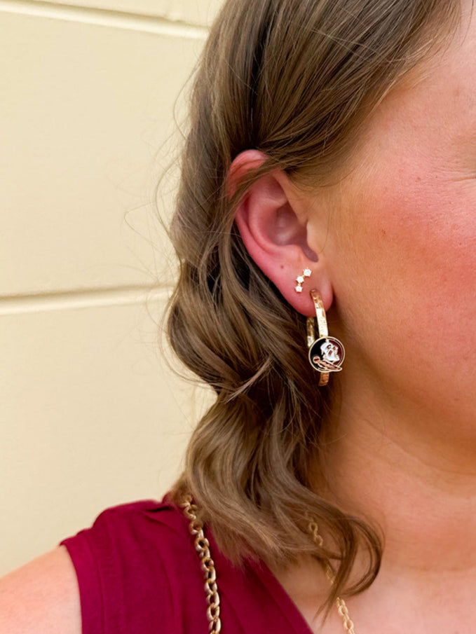 Gold hoop earrings with FSU garnet and gold enamel logo charms
