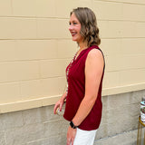 Garnet sleeveless V-neck tank top with pleated neckline detail and a relaxed, lightweight fit—perfect for warm-weather gamedays.