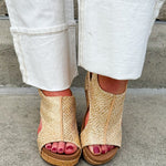 Light gold raffia cork wedges with gold rivets, Velcro heel strap, and a cushioned footbed