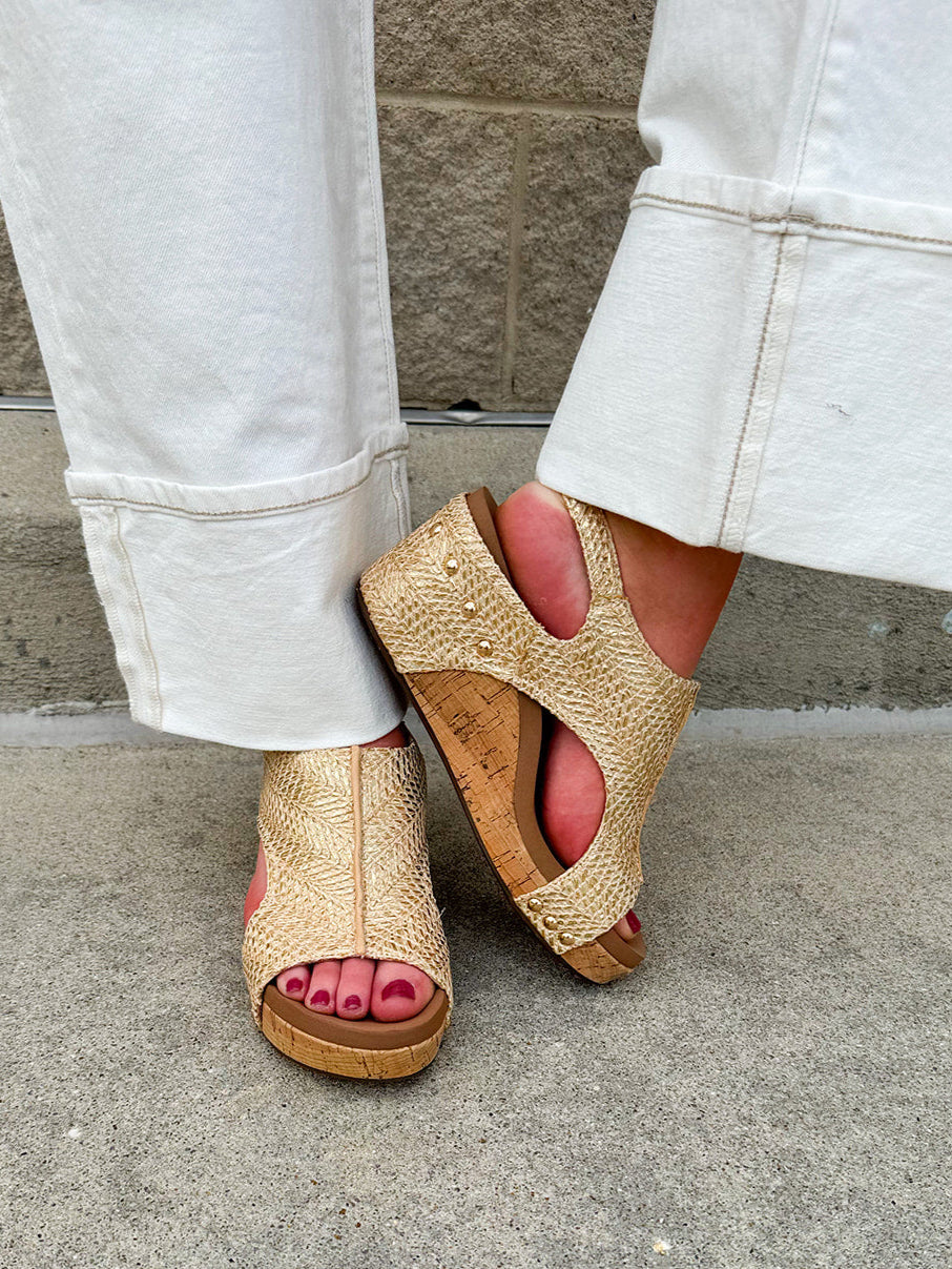 Light gold raffia cork wedges with gold rivets, Velcro heel strap, and a cushioned footbed