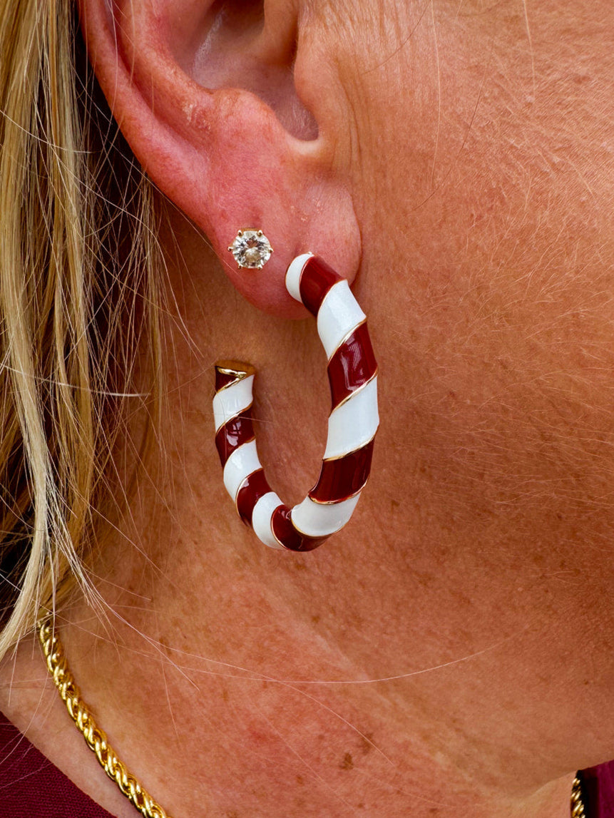 Garnet and white striped bamboo-style hoop earrings with gold trim