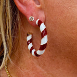 Garnet and white striped bamboo-style hoop earrings with gold trim