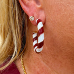 Garnet and white striped bamboo-style hoop earrings with gold trim