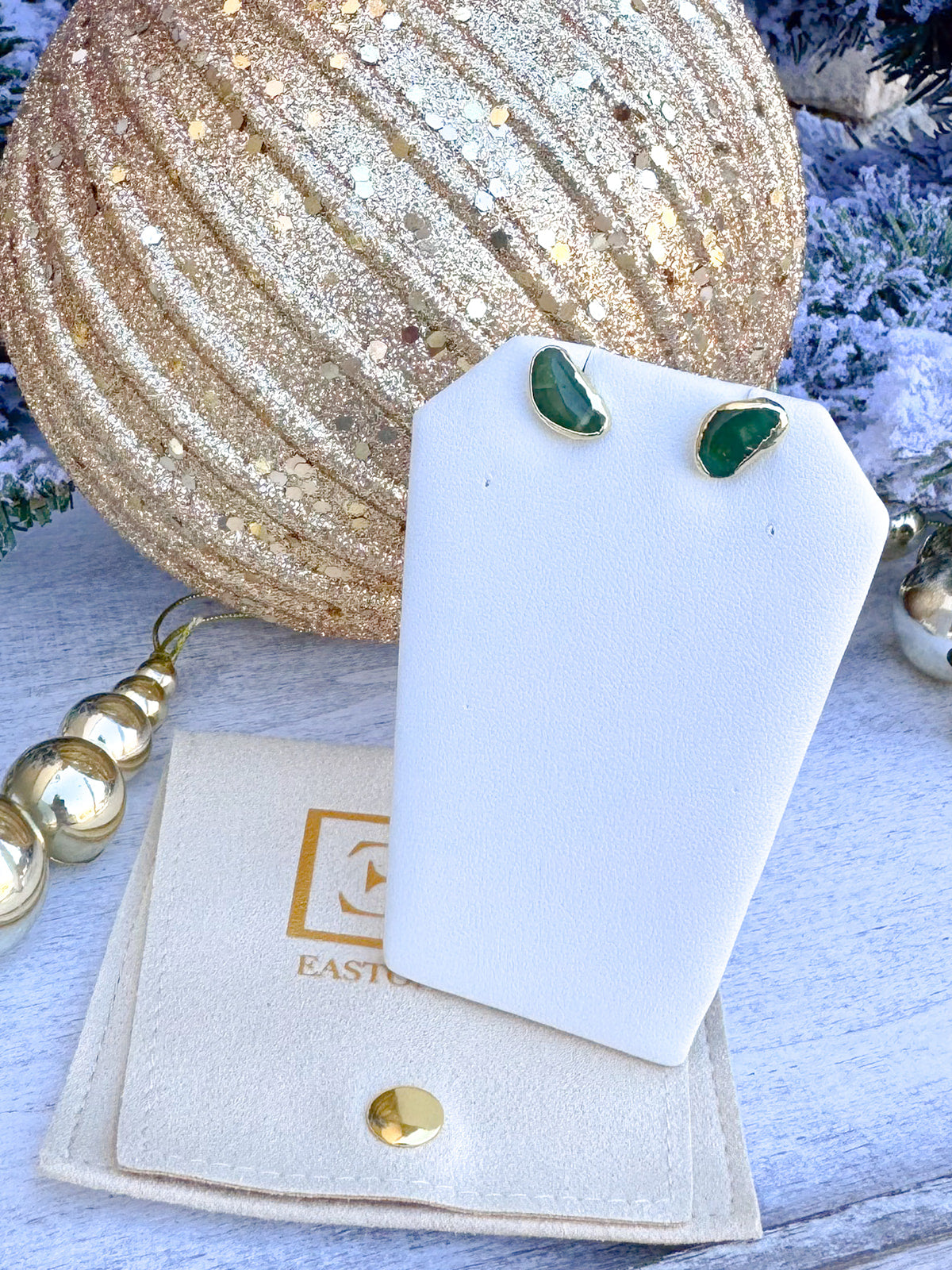Irregular semi-precious green stone stud earrings dipped in 18k gold, handmade by Easton Elle.