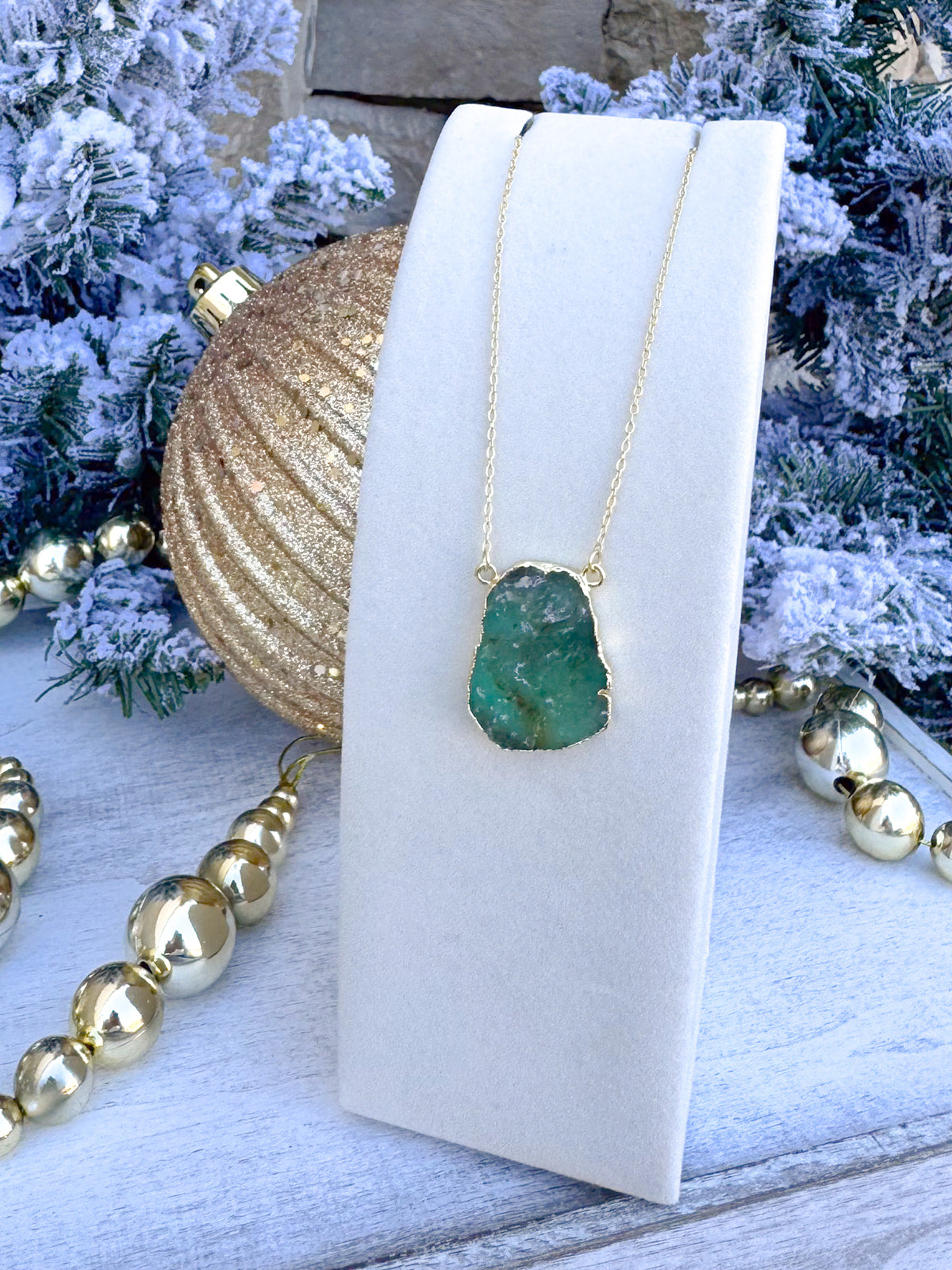 Green chrysoprase horizontal necklace dipped in 18k gold, handmade by Easton Elle.