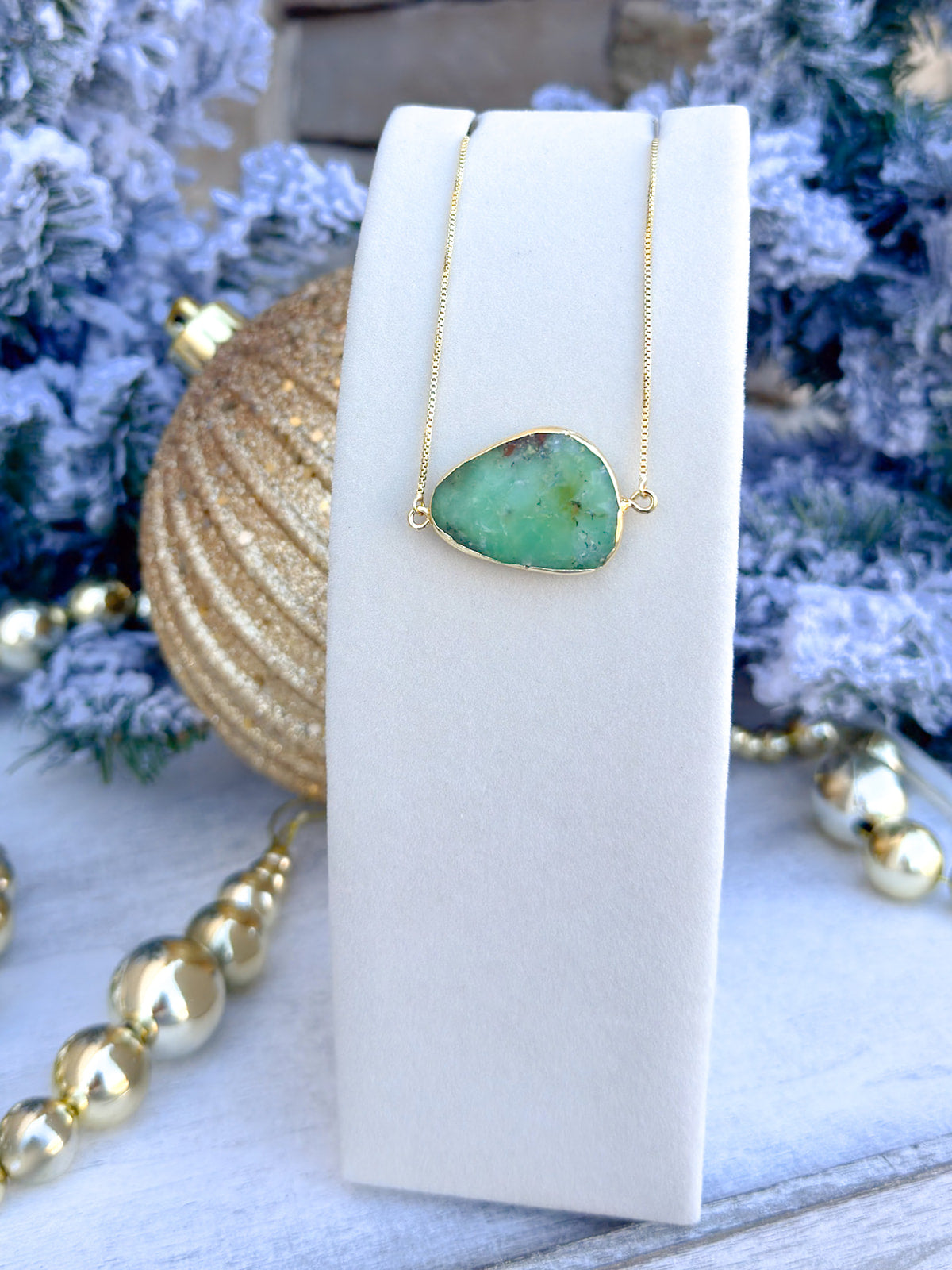 Irregular semi-precious green stone necklace with adjustable toggle slip closure, handmade by Easton Elle.