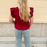 Garnet cotton flutter sleeve top with floral appliqué, ruffle V-neck, and button front—lightweight and perfect for gameday