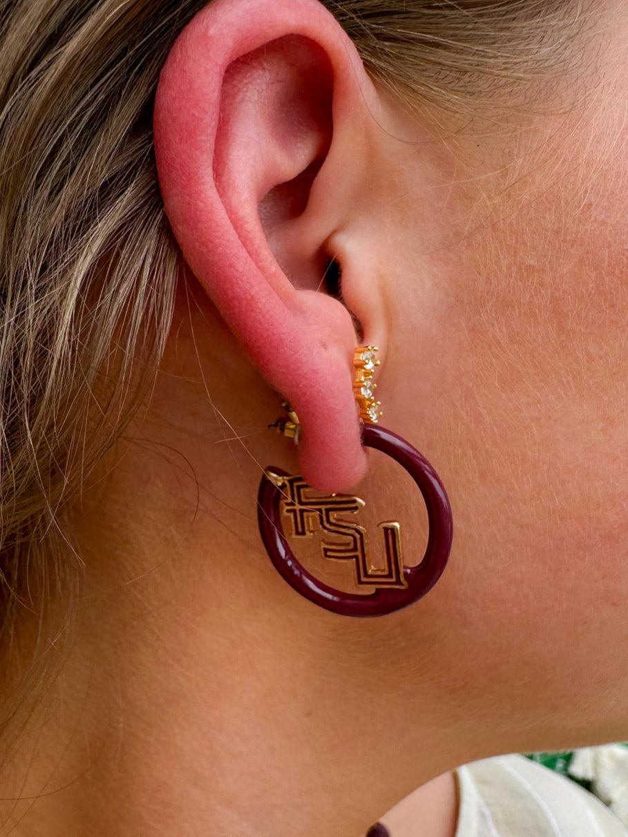 Gold hoop earrings with FSU garnet and gold enamel logo charms