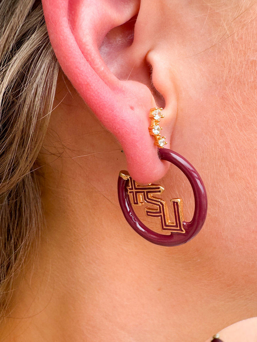 Gold hoop earrings with FSU garnet and gold enamel logo charms