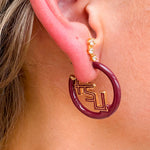 Gold hoop earrings with FSU garnet and gold enamel logo charms