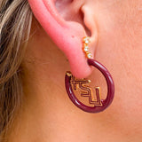 Gold hoop earrings with FSU garnet and gold enamel logo charms