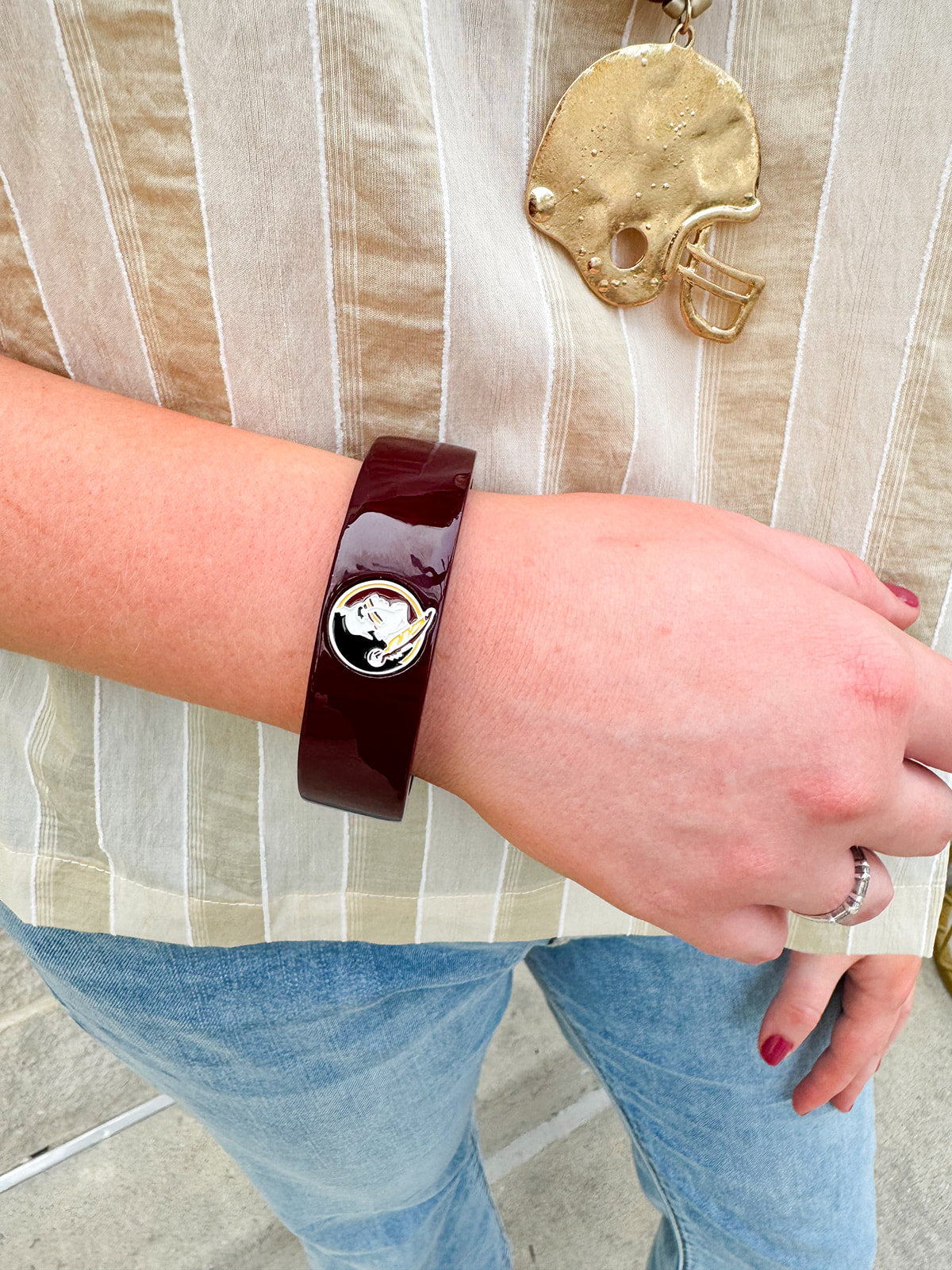 Garnet marbled resin cuff bracelet with gold FSU logo detail