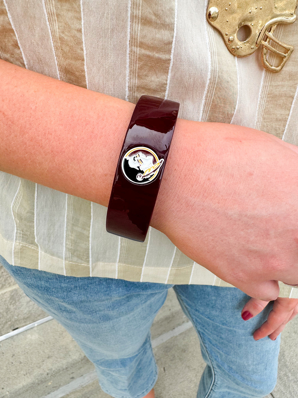 Garnet marbled resin cuff bracelet with gold FSU logo detail