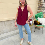 Garnet sleeveless V-neck tank with pleated detail at neckline, made in USA fabric.