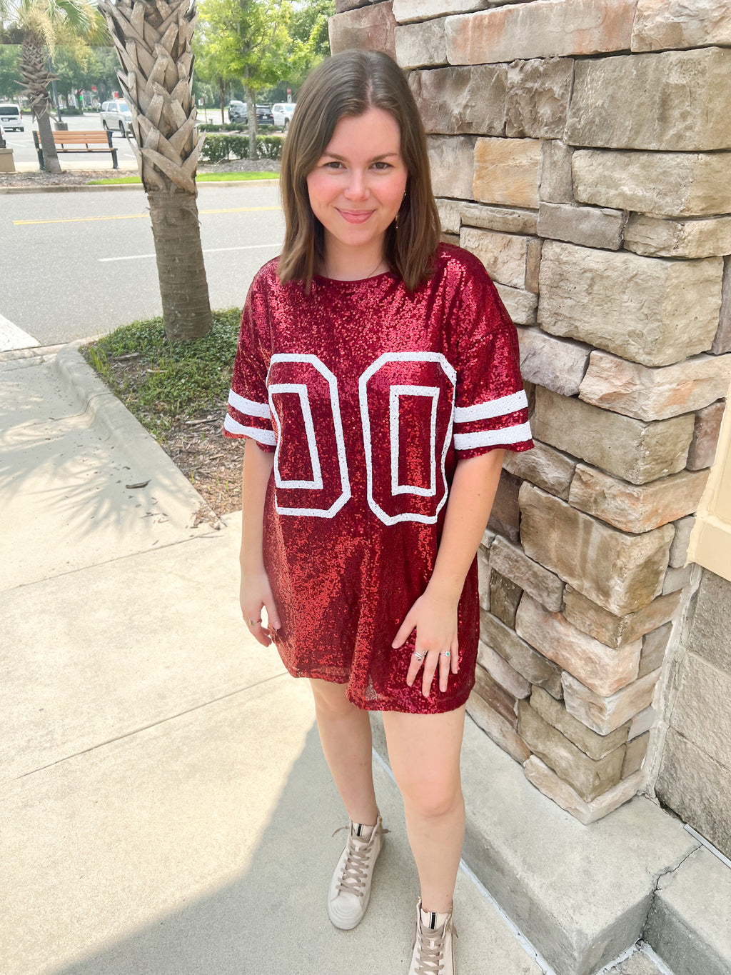 Game Day Short Sleeve Sequin Dress | Front View